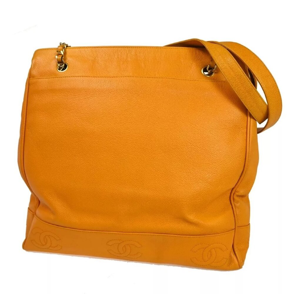 CHANEL Triple CC Logo Chain Shoulder Bag Caviar Skin Leather Orange